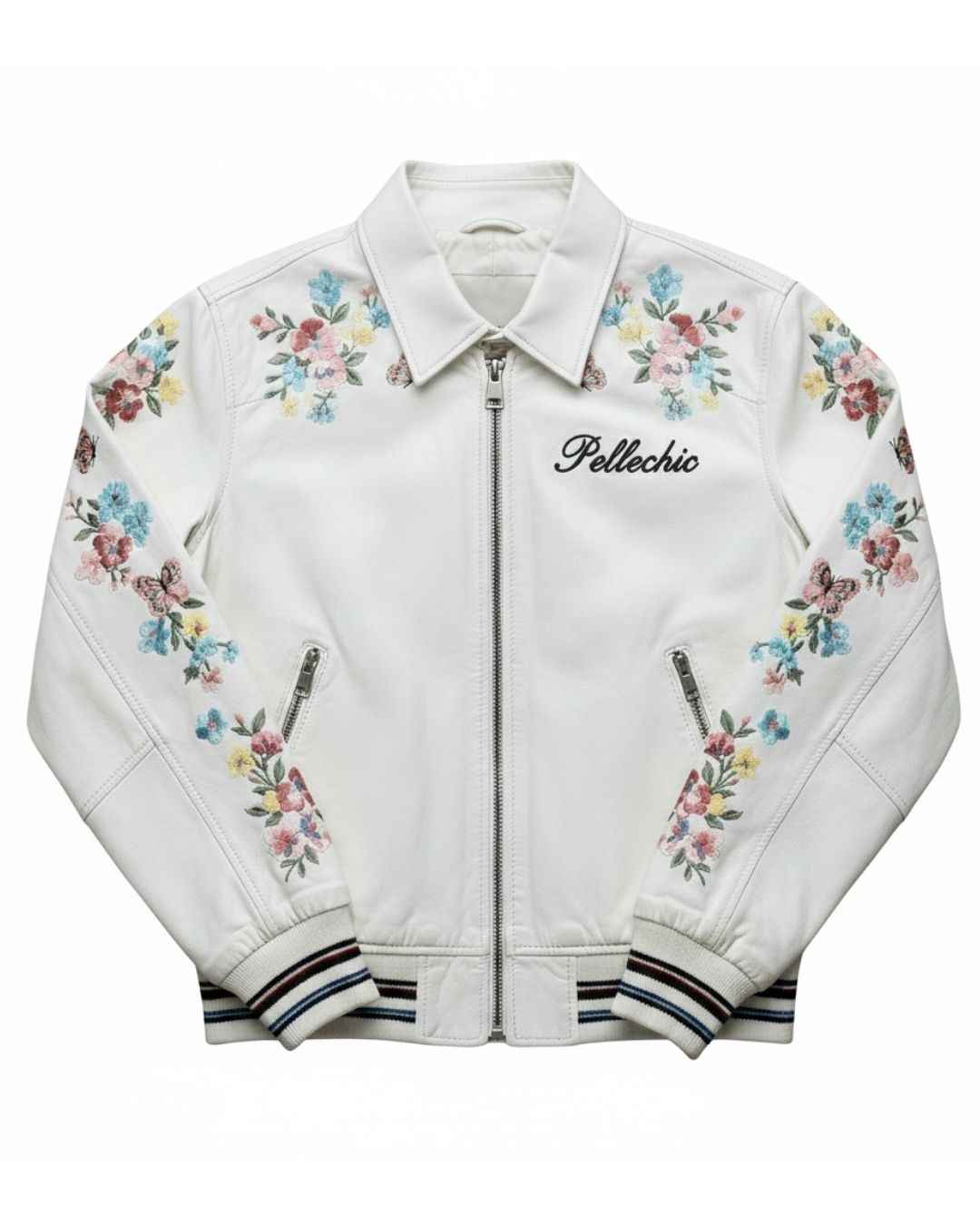 PelleChic™ Pristine White Luxury Leather Bomber – Floral Butterfly Artistic Edition