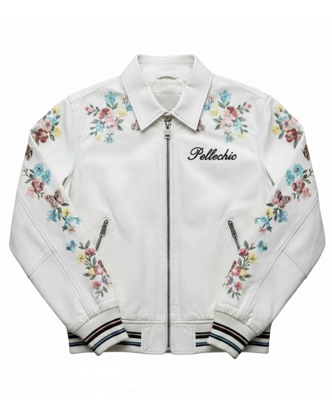 PelleChicโข Pristine White Luxury Leather Bomber โ Floral Butterfly Artistic Edition