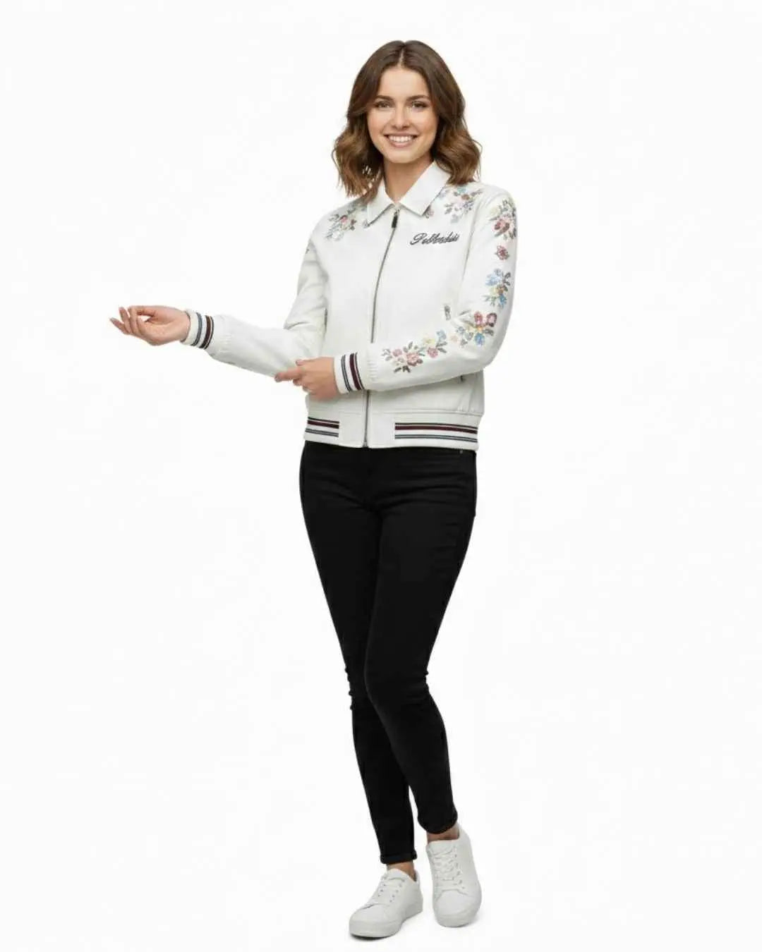 PelleChicโข Pristine White Luxury Leather Bomber โ Floral Butterfly Artistic Edition