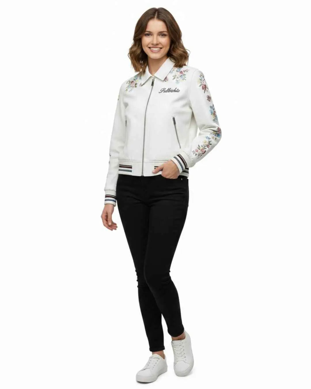 PelleChic™ Pristine White Luxury Leather Bomber – Floral Butterfly Artistic Edition