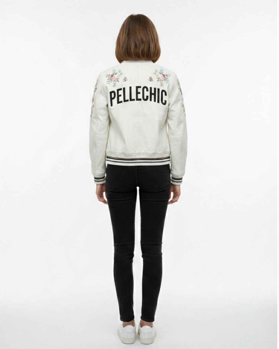 PelleChic™ Pristine White Luxury Leather Bomber – Floral Butterfly Artistic Edition