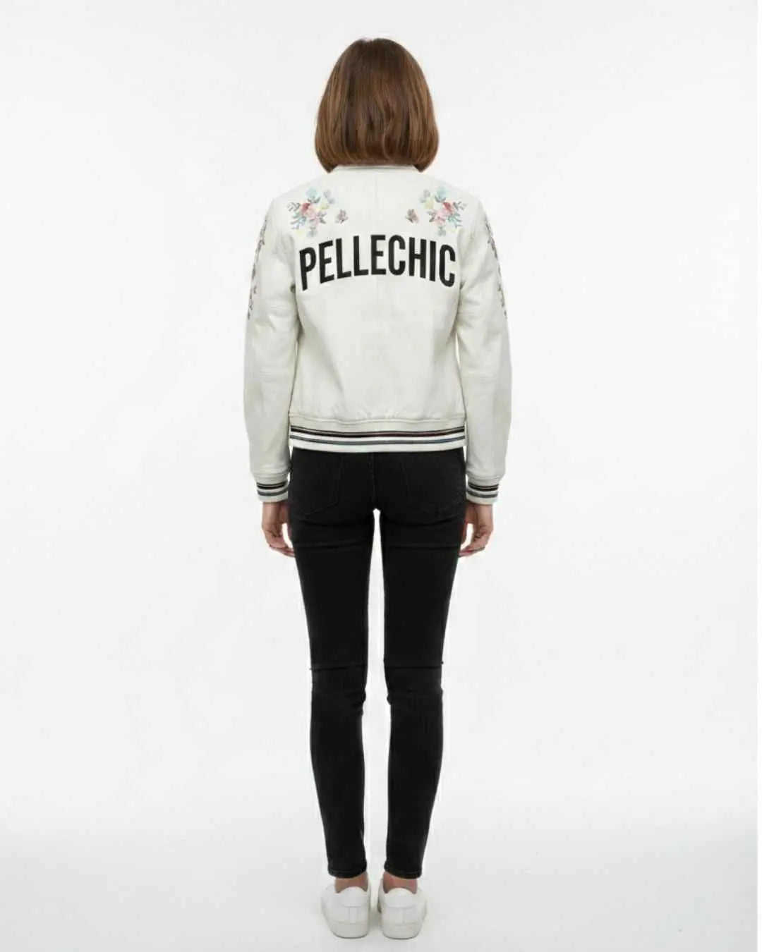 PelleChic™ Pristine White Luxury Leather Bomber – Floral Butterfly Artistic Edition