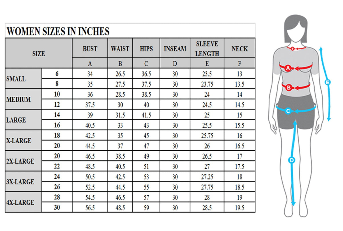 Women's size chart in inches for Small through 4XL, listing bust, waist, hips, inseam, sleeve length and neck measurements with a diagram.