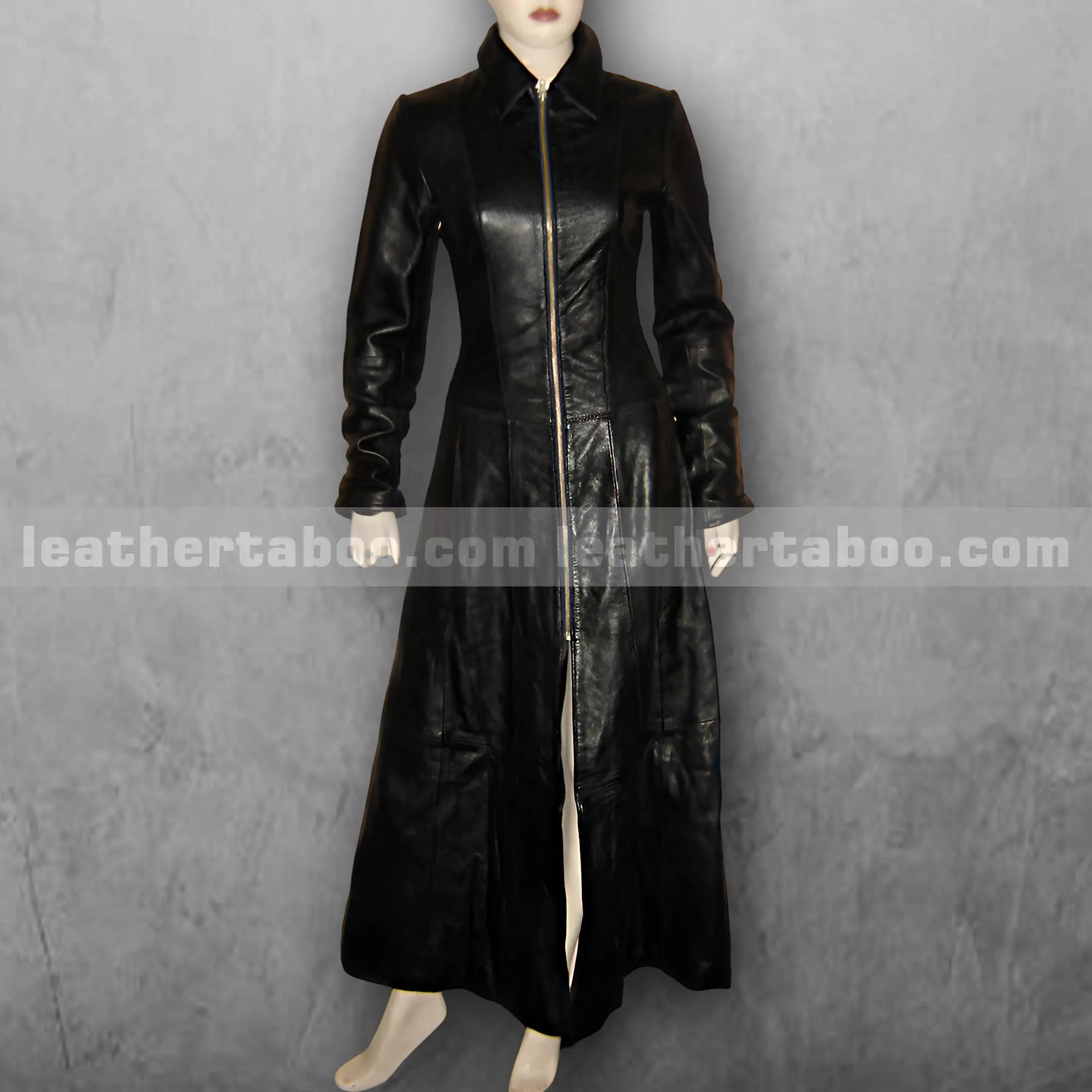 Women's Long Black Leather Coat โ Sheepskin Full-Length Zip-Up Trench Style Outerwear with Tailored Fit and Classic Collar - Leather taboo