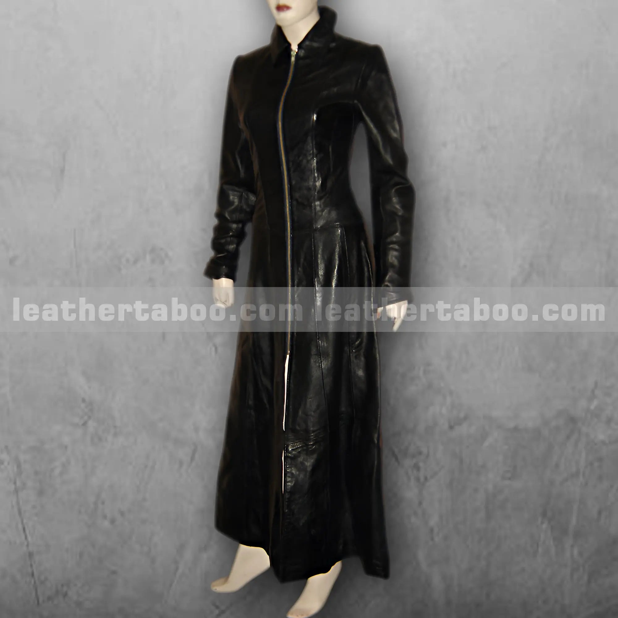 Women's Long Black Leather Coat โ Sheepskin Full-Length Zip-Up Trench Style Outerwear with Tailored Fit and Classic Collar - Leather taboo