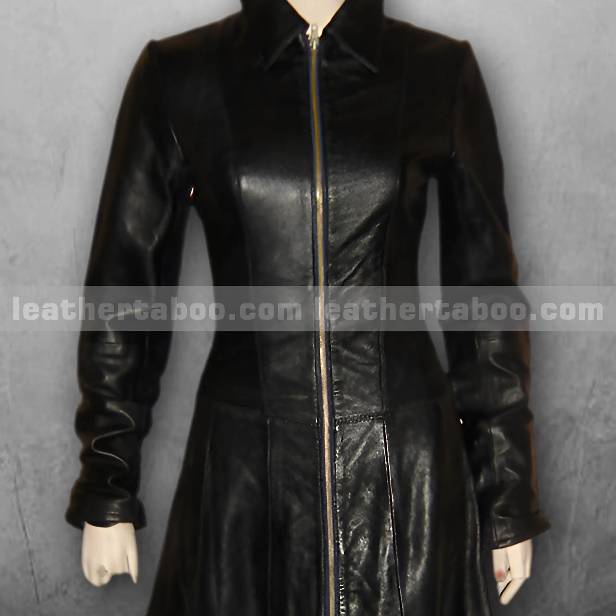 Women's Long Black Leather Coat โ Sheepskin Full-Length Zip-Up Trench Style Outerwear with Tailored Fit and Classic Collar - Leather taboo