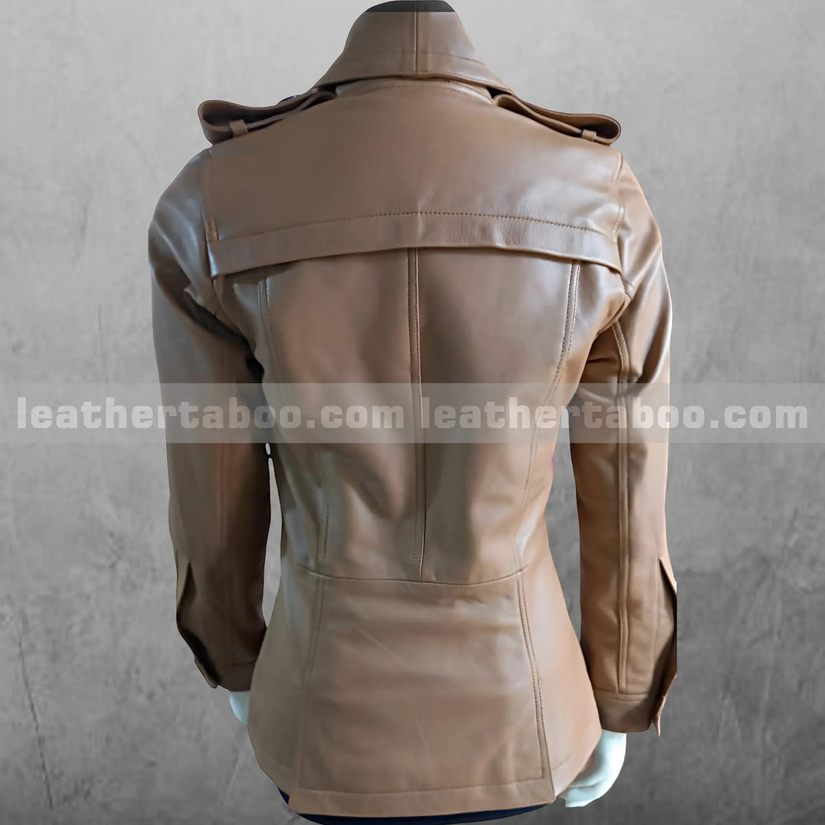 Tan Leather Double-Breasted Jacket, zipper detail 2