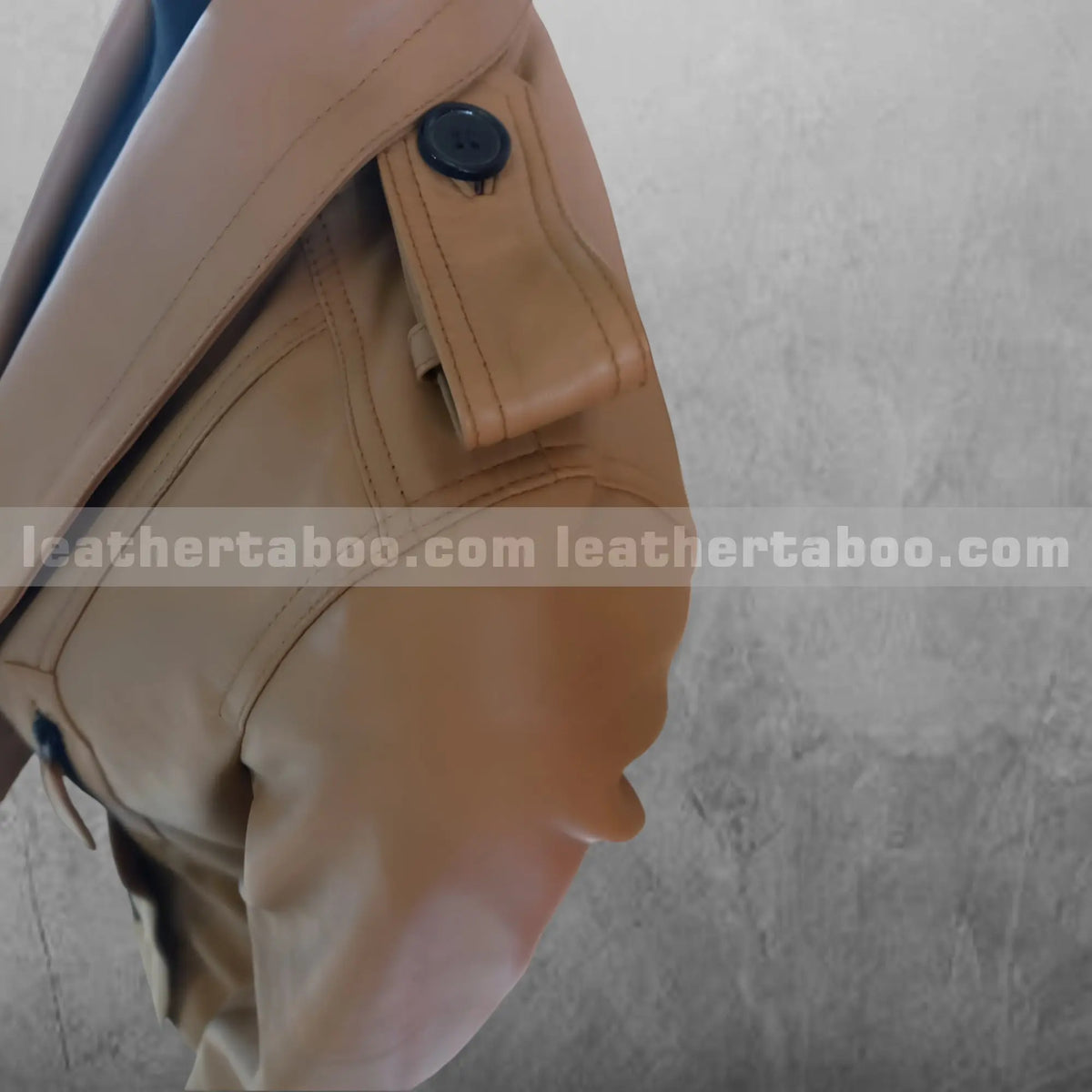 Tan Leather Double-Breasted Jacket, zipper detail 3