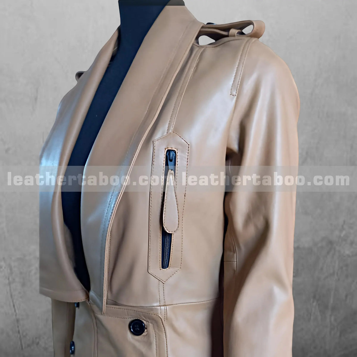 Tan Leather Double-Breasted Jacket, zipper detail 4