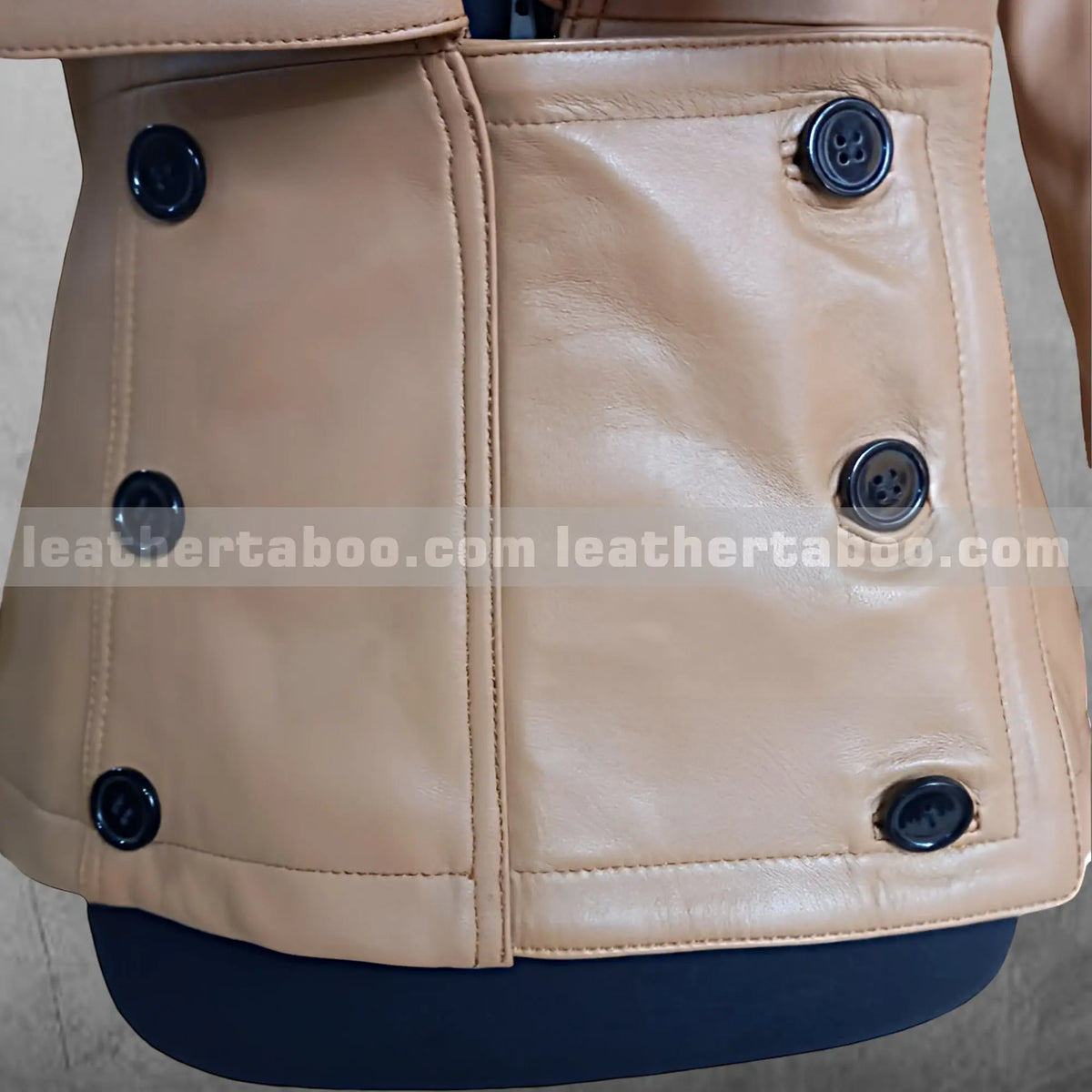 Tan Leather Double-Breasted Jacket, zipper detail 5