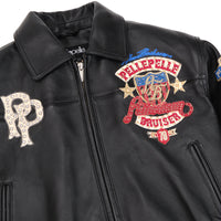 Women's black leather eagle patch bomber jacket, angled front view showing chest appliques, pointed collar and smooth black panels.