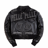 Front of women's black genuine leather racing jacket with silver-tone embellished lettering, large 78 graphic, zip front and ribbed hem.