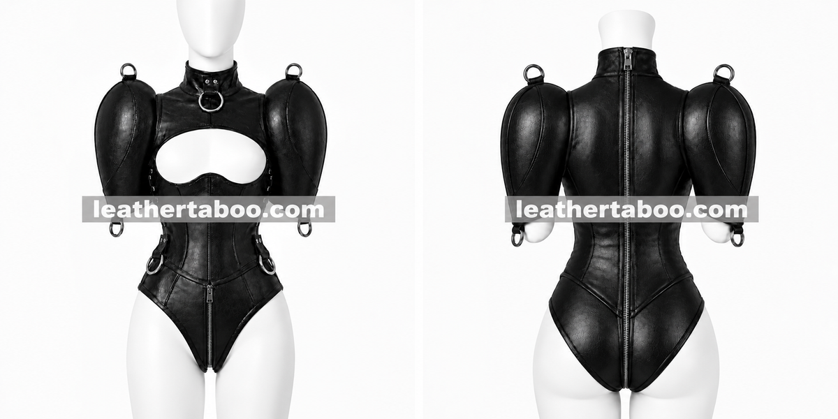 Women's black genuine leather cutout bodysuit with dramatic puff sleeves, silver D-rings, sculpted waist and full back zipper