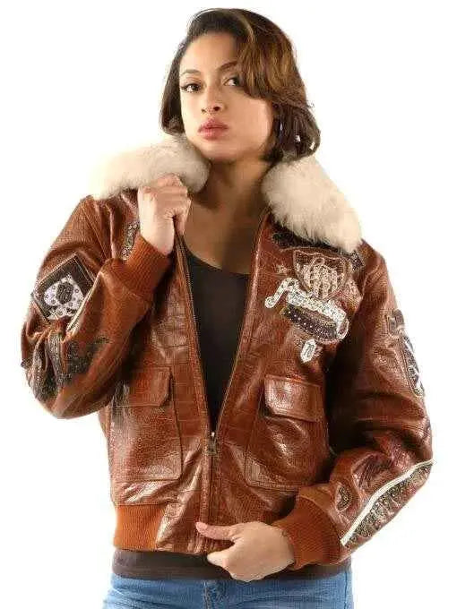 Women's Pelle Pelle Fur Collar Brown Leather Jacket