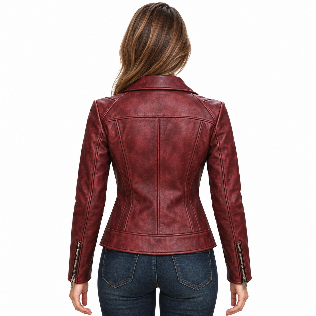 Back view of women's burgundy genuine leather moto jacket with a mottled finish, shaped panel seams, long sleeves and silver-tone zip cuffs.