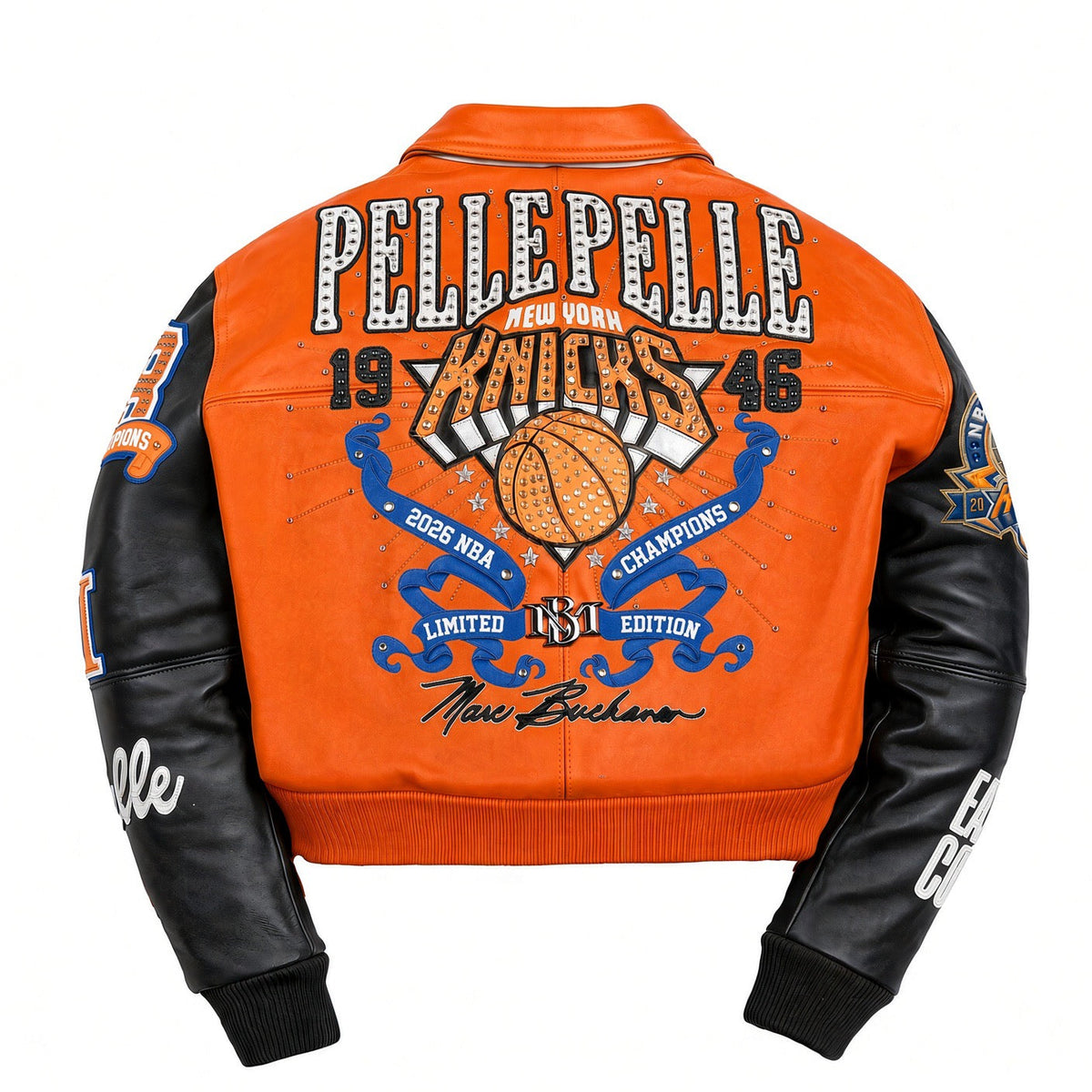 Rear of women's orange and black leather jacket with basketball crest, blue ribbon graphics, embellished lettering and sleeve patches.