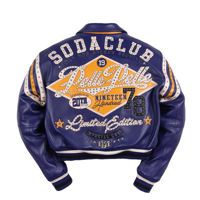 Rear of women's purple leather varsity jacket showing large cream lettering, gold diamond applique, decorative stones and striped hem.