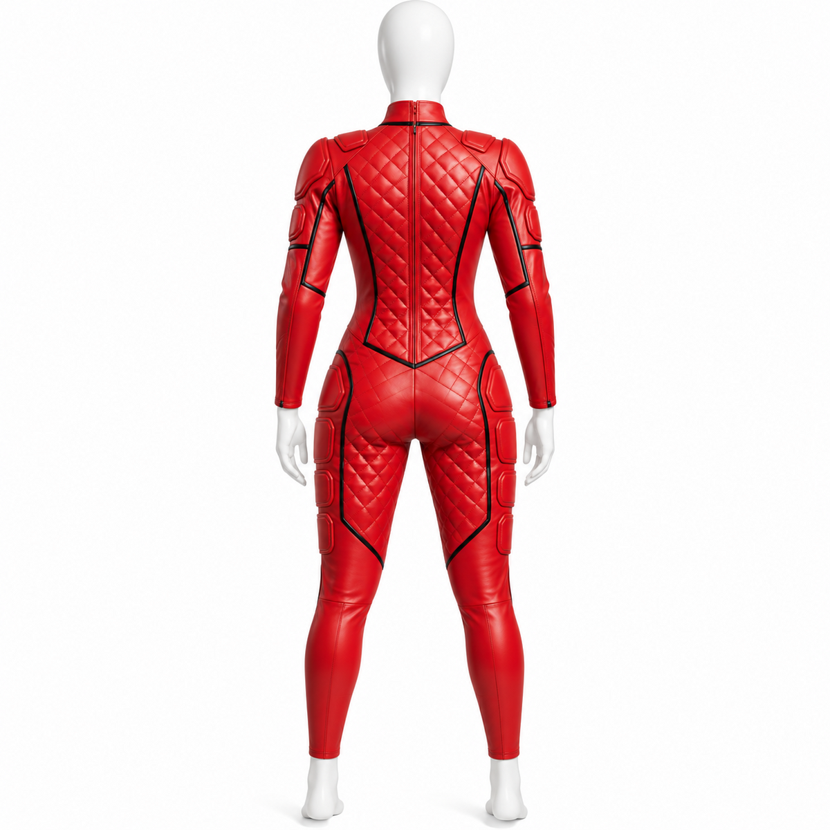 Back view of women's red genuine leather quilted catsuit with black trim, center zipper and sculpted shoulder and thigh panels on a mannequin.