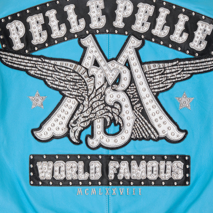 Women's turquoise leather eagle applique bomber jacket, close-up of the embellished silver eagle back design, star accents and black panels.