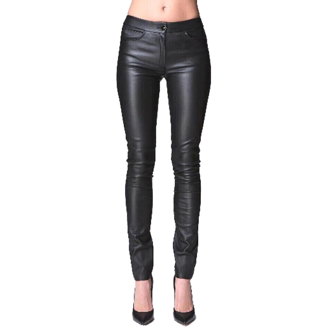 Women’s Black Quilted Lambskin Leather Biker Pants (Skinny Leggings Trousers)