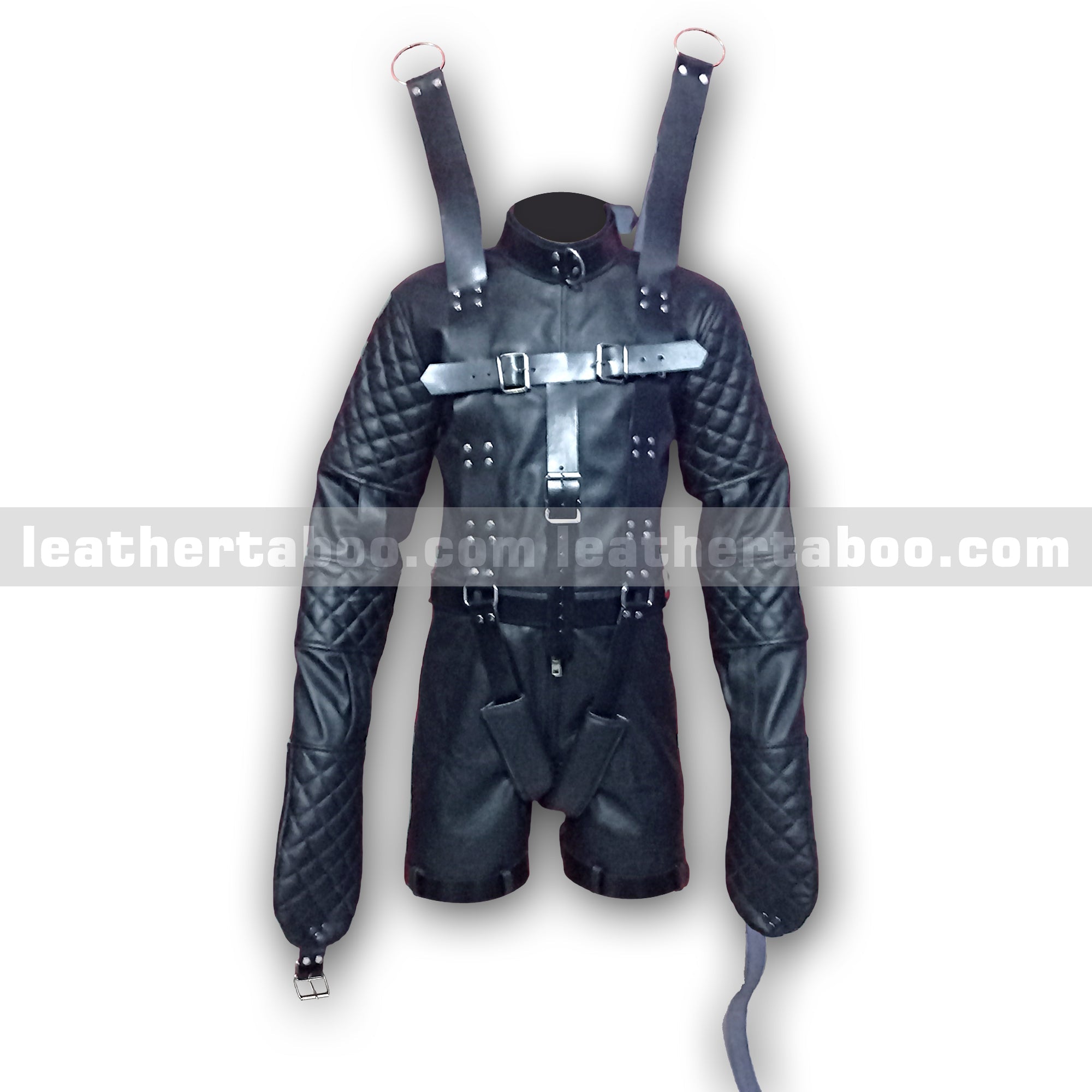 Men's Premium Cowhide Leather Restraint Suit with Quilted Sleeves and Adjustable Straps