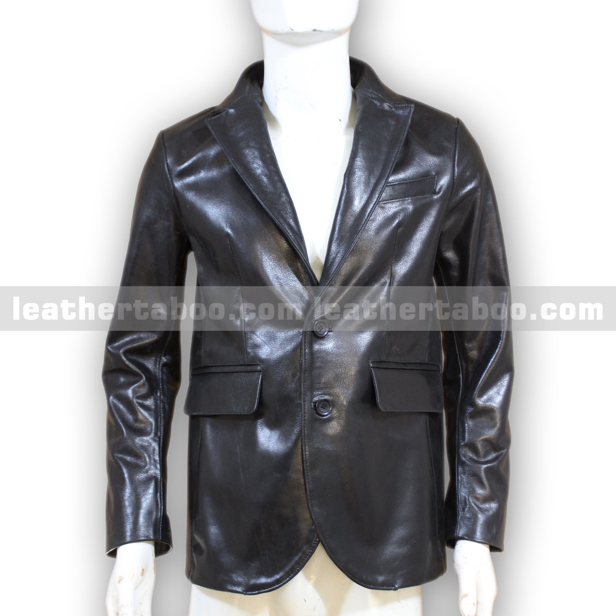 Men's Black Genuine Cowhide Leather Blazer Jacket – Classic Fit with Two-Button Closure