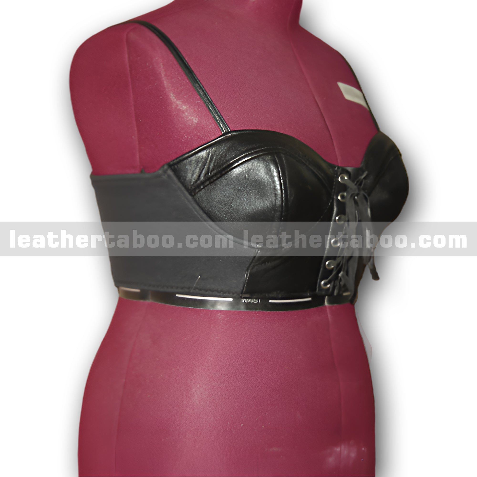 Black Sheepskin Leather Bustier Top with Lace-Up Front and Zipper Back – Adjustable Straps