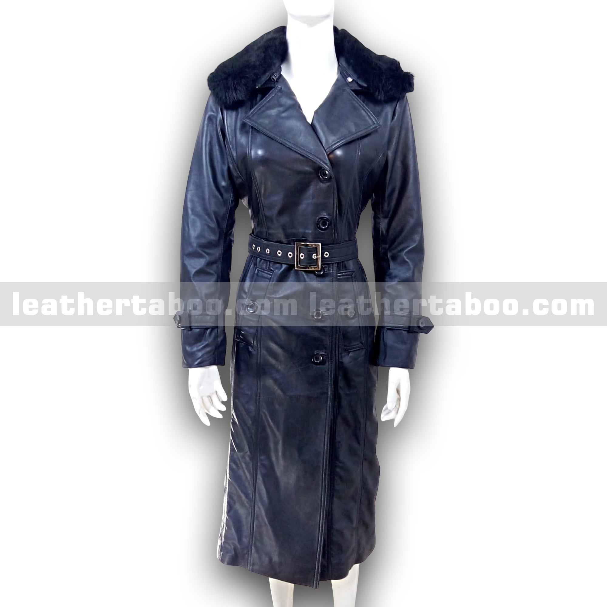 Women's Long Black Sheepskin Leather Trench Coat with Belt & Original Faux Fur Collar | Full-Length Winter Leather Outerwear