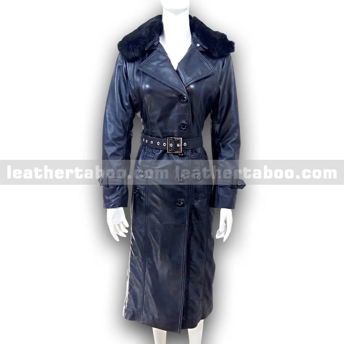 Women's Long Black Sheepskin Leather Trench Coat with Belt & Original Faux Fur Collar | Full-Length Winter Leather Outerwear - leather taboo