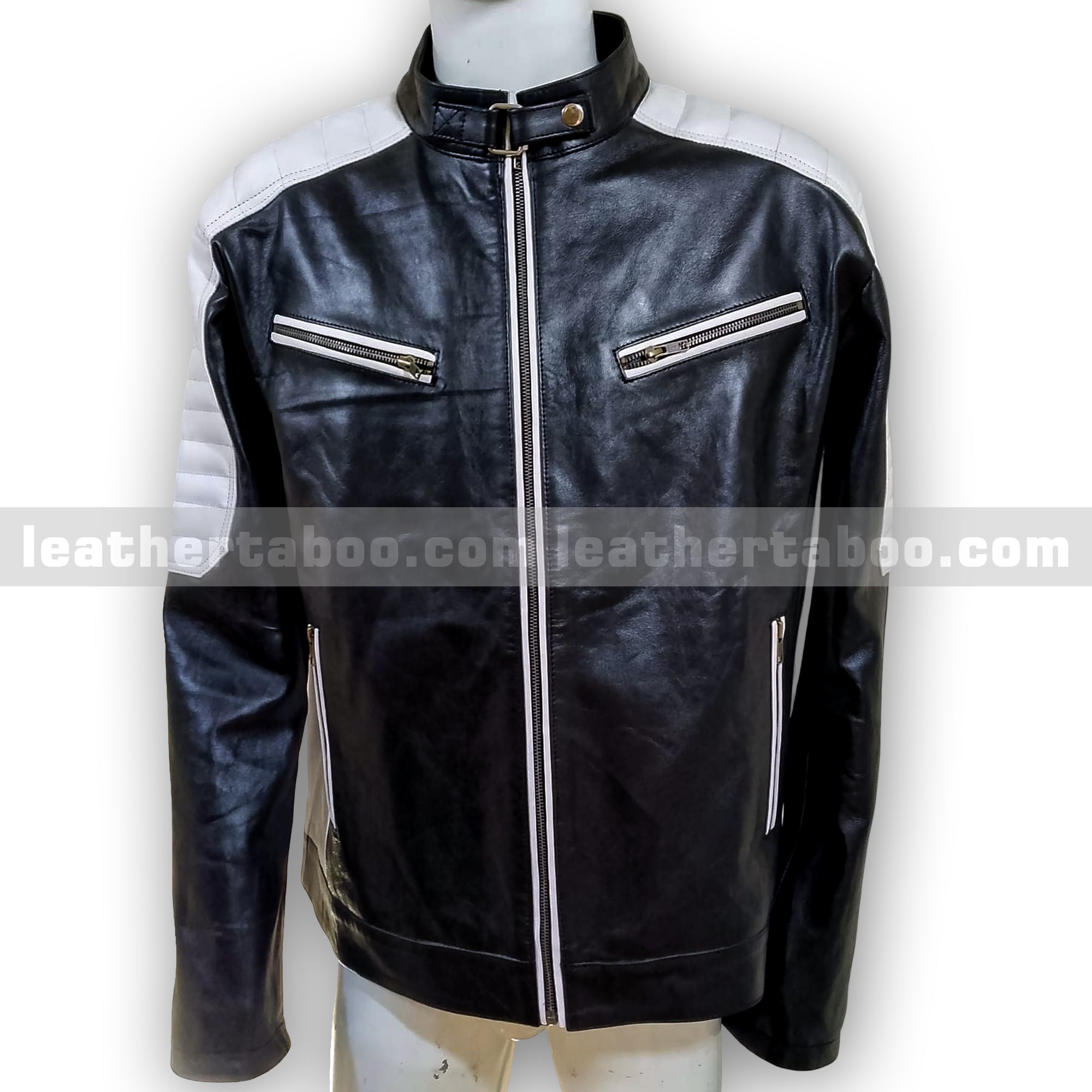 Men's Premium Cowhide Leather Biker Jacket with White Shoulder Panels and Zipper Details – Streetwear Style Outerwear