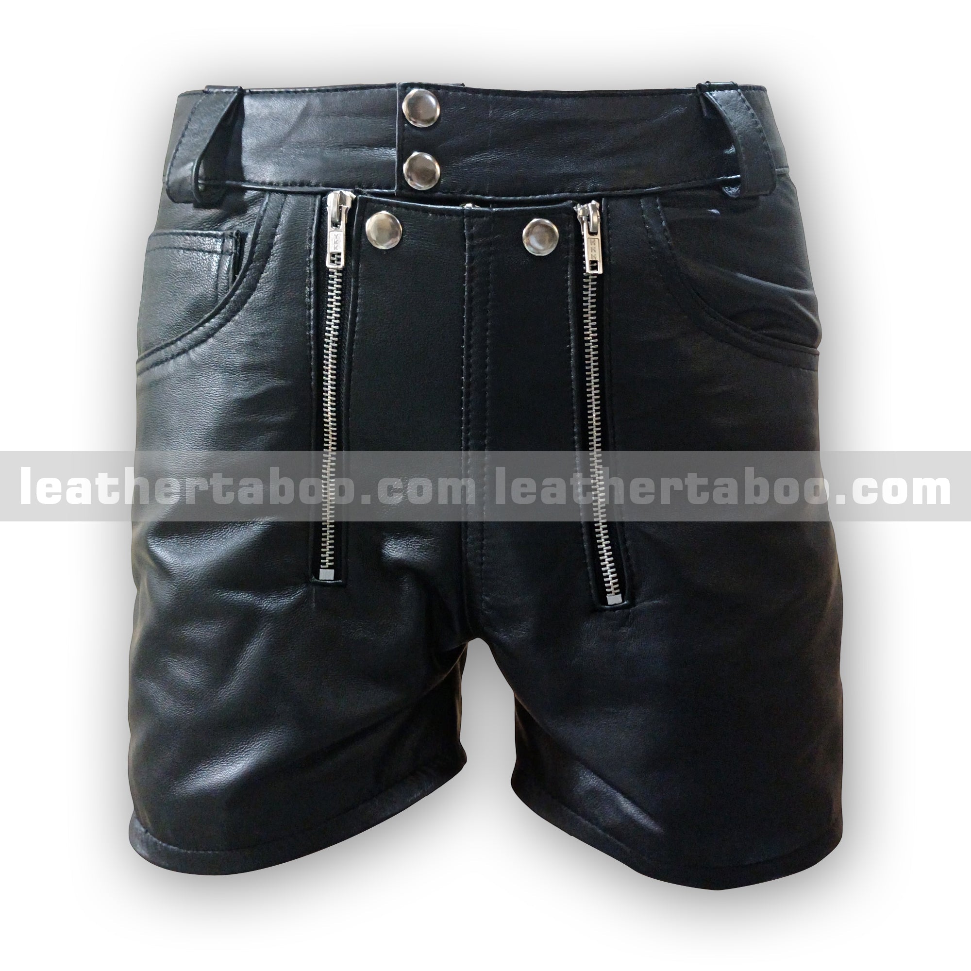 Men’s Black Sheepskin Leather Shorts with Front and Back Zipper Panels – Functional Multi-Zip Fly – Utility Pocket Streetwear