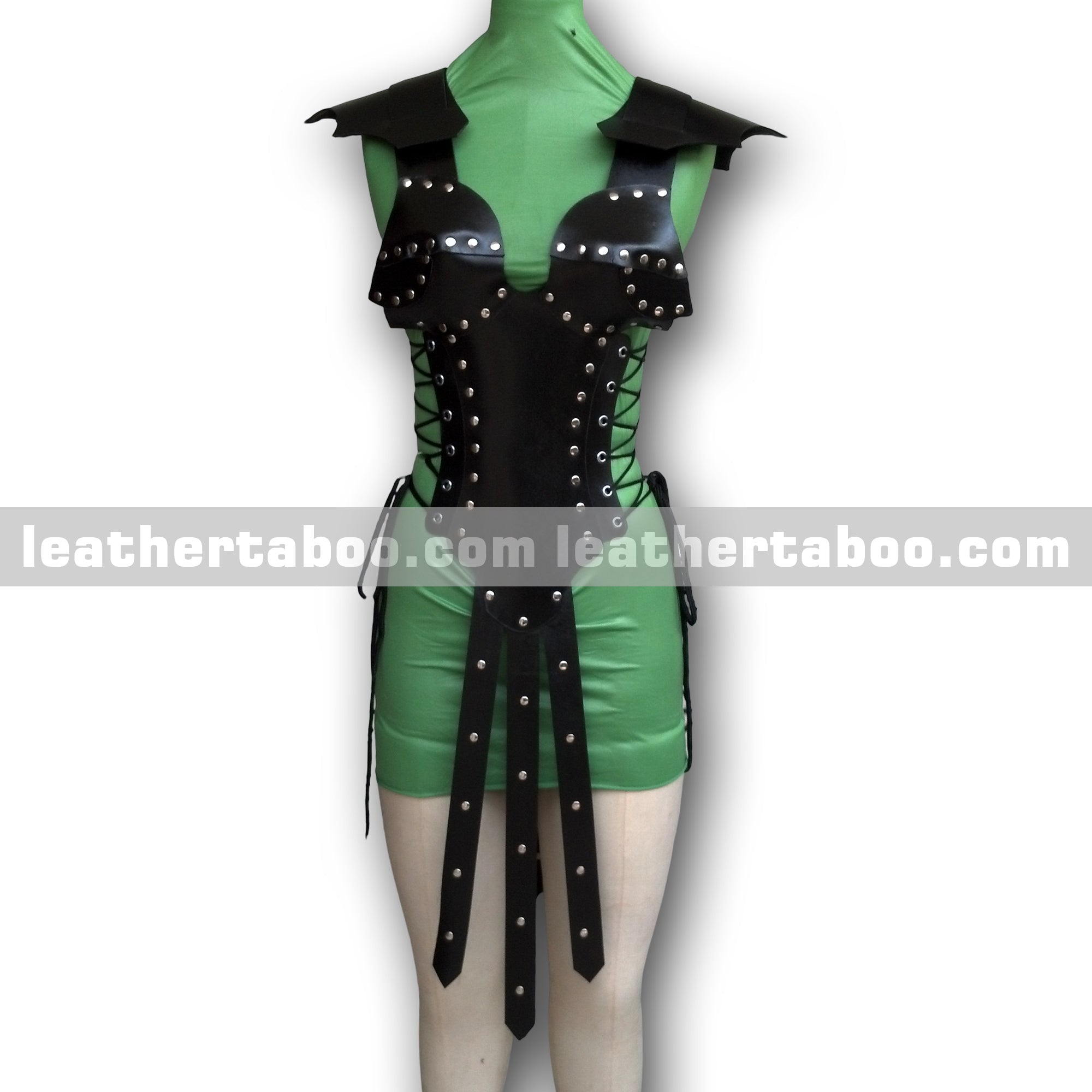 Premium Goods Leather Black Corset Dress for Women with Shoulder Accents, Back Buckles, and Side Lacing – Armor-Inspired Design
