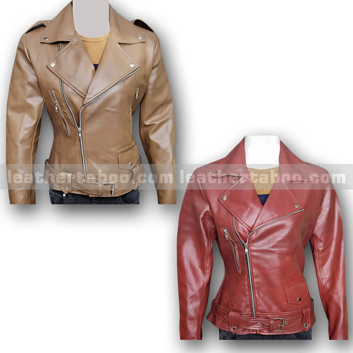 Women’s Camel Brown and Rich burgundy Sheepskin Leather Jacket | Biker Moto Style Outerwear with Belt & Zipper | Real Leather Fall Jacket - leather taboo