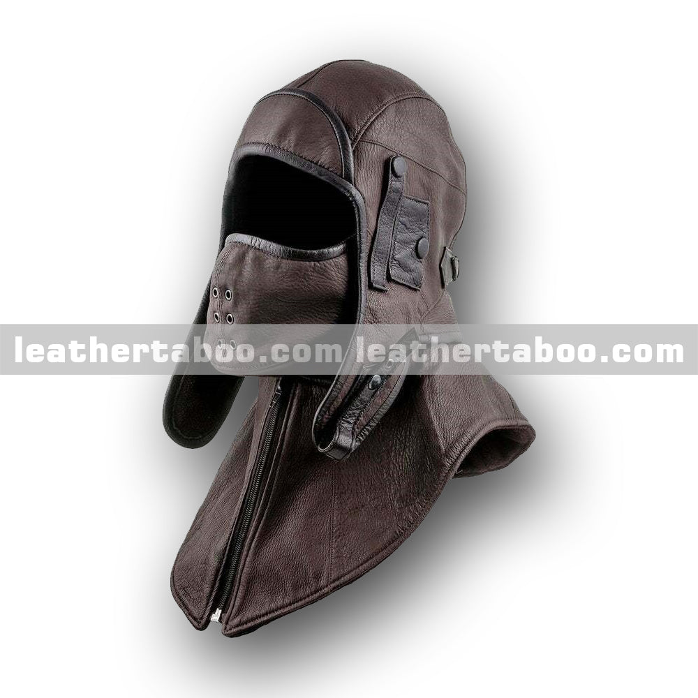 Brown Sheepskin Leather Hooded Helmet with Face Shield and Zippered Collar – Full Head Protective Design for Themed Wear