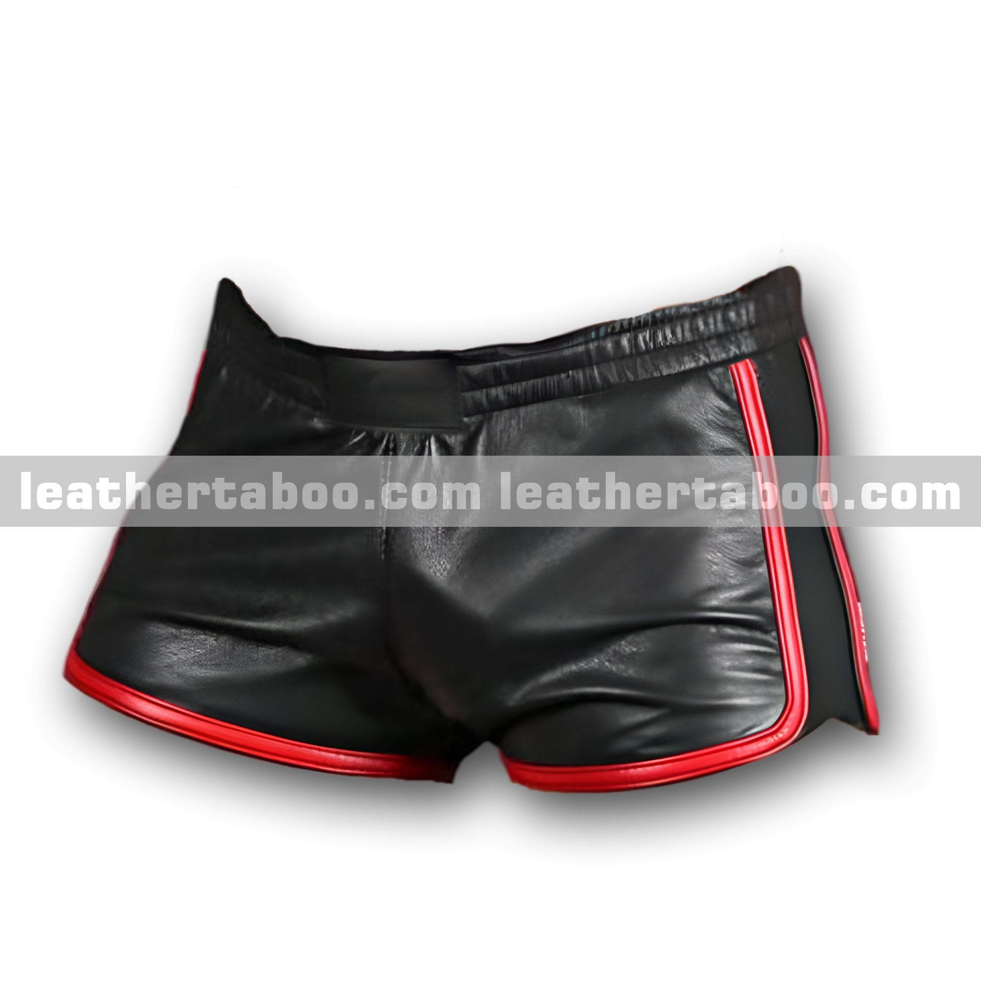 Men’s Black Sheepskin Leather Shorts with Red Side Trim – Elastic Waistband and Fitted Sport Style for Modern Streetwear