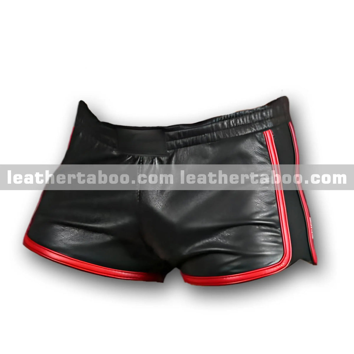 Men’s Black Sheepskin Leather Shorts with Red Side Trim – Elastic Waistband and Fitted Sport Style for Modern Streetwear - leather taboo