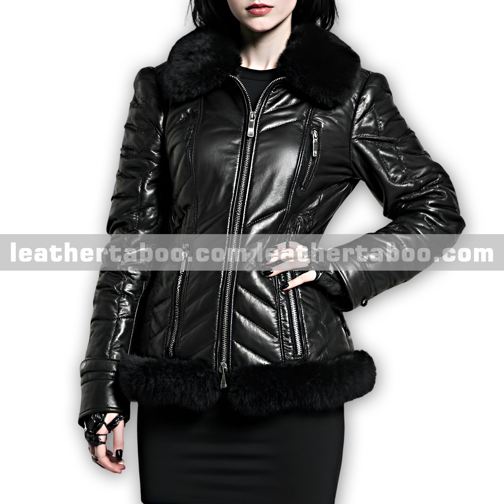 Premium Sheepskin Leather Women’s Jacket with Faux Fur Collar & Hem – Quilted Black Winter Coat with Zipper and Pockets
