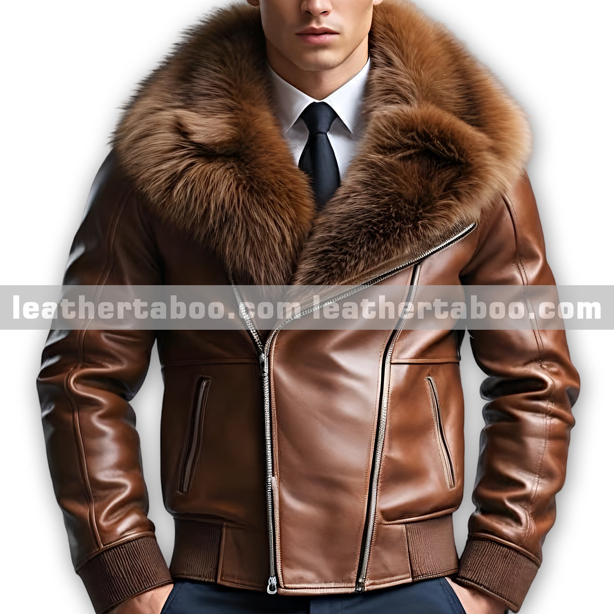Men’s Brown Sheepskin Leather Jacket with Faux Fur Collar – Classic Bomber Coat – Elegant Winter Outerwear