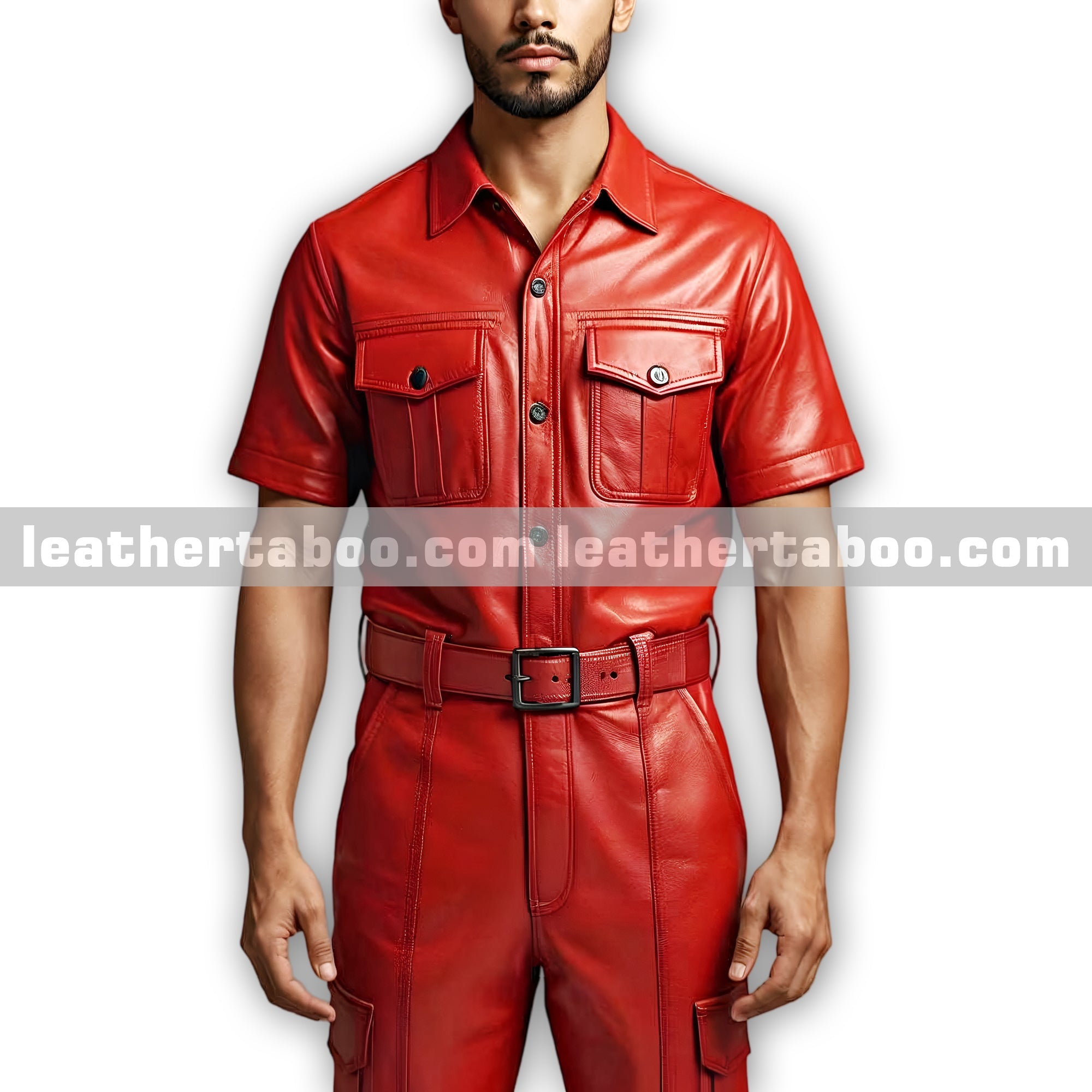 Men-s-Premium-Sheepskin-Leather-Jumpsuit-Red-Belted-Coverall-with-Short-Sleeves leather taboo