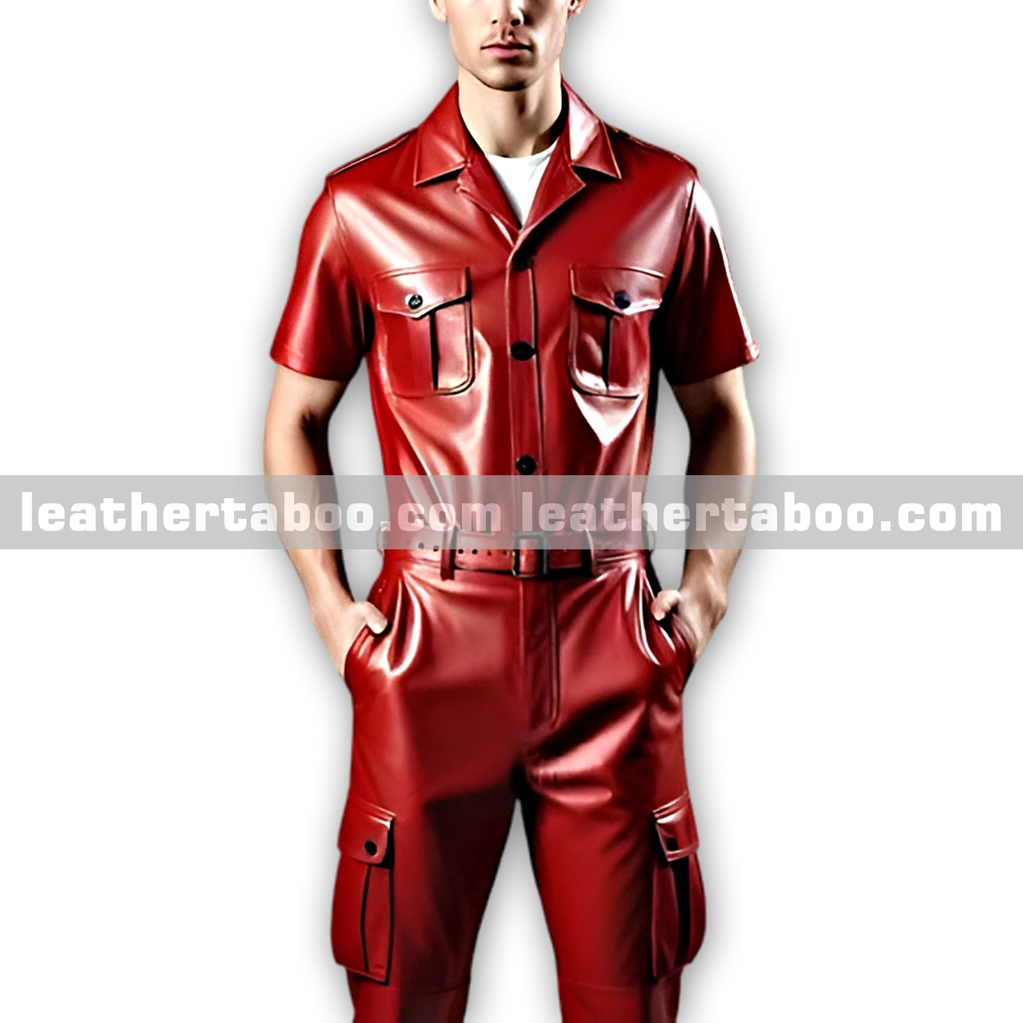Men-s-Red-Sheepskin-Leather-Coverall-One-Piece-Belted-Outfit-with-Pockets-and-Short-Sleeves leather taboo
