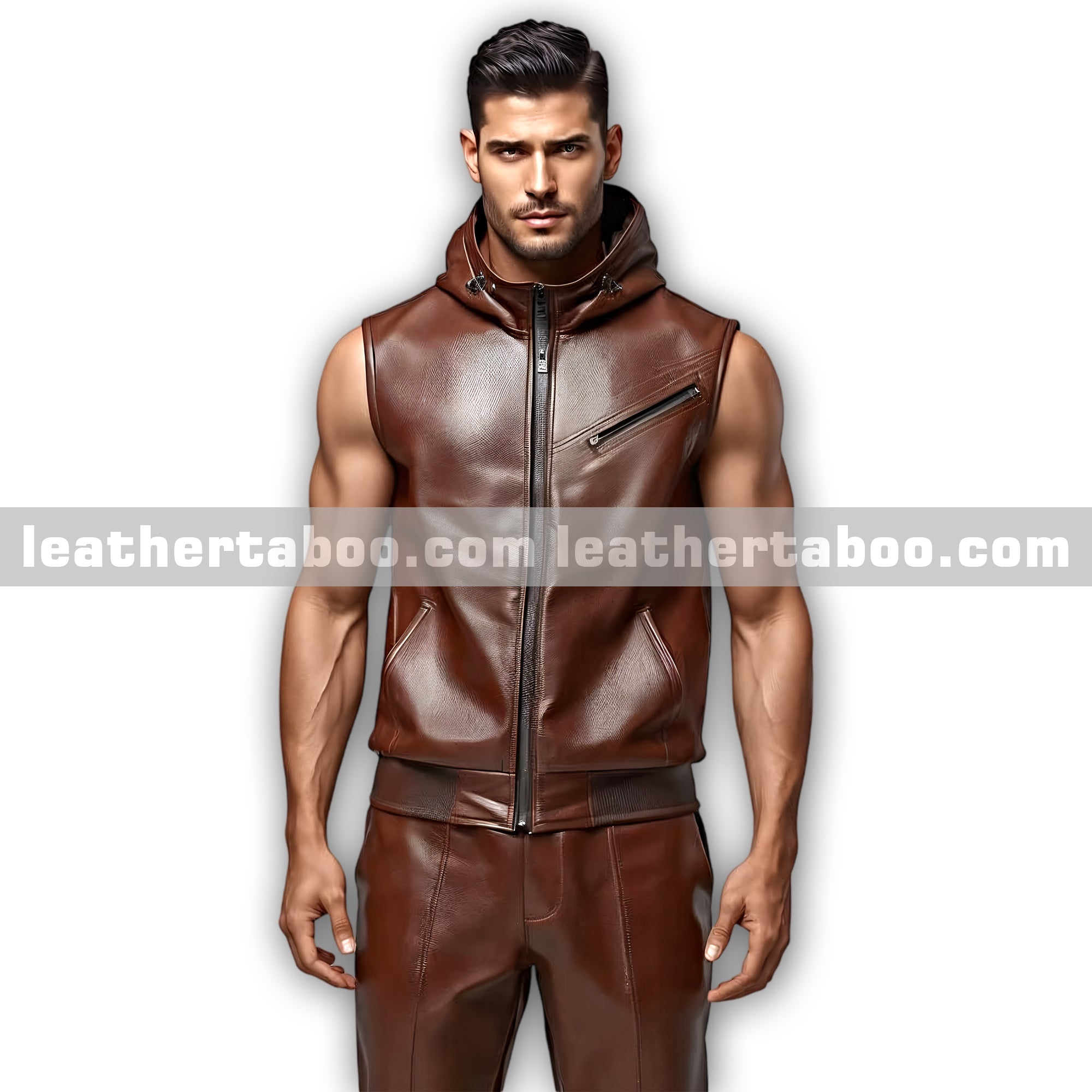 Men-s-Brown-Leather-Sleeveless-Hoodie-and-Jogger-Pants-Premium-Sheepskin-Tracksuit-Outfit leather taboo