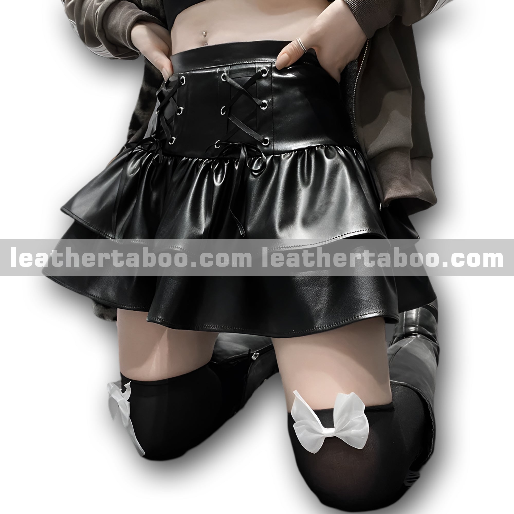 Women-s-Black-Sheepskin-Leather-Skirt-High-Waist-Mini-Skirt-with-Ruffle-Hem-and-Lace-Up-Detail leather taboo