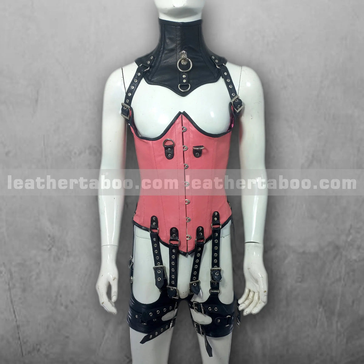 Pink and Black Sheepskin Leather Corset Outfit with Buckled Harness Straps | Adjustable Fit | Performance or Fashion Wear - leather taboo