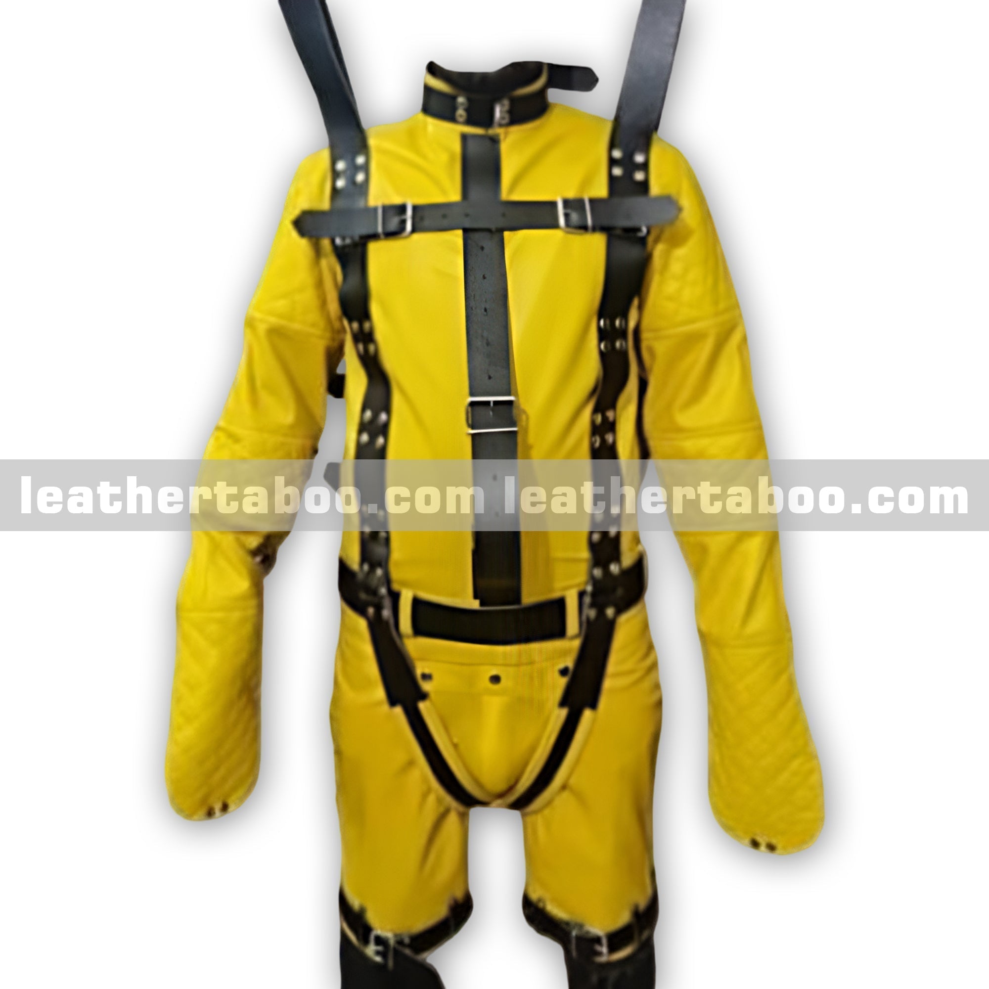 Heavy-Duty-Yellow-Restraint-Suit-with-Black-Leather-Straps-Full-Body-Gear leather taboo