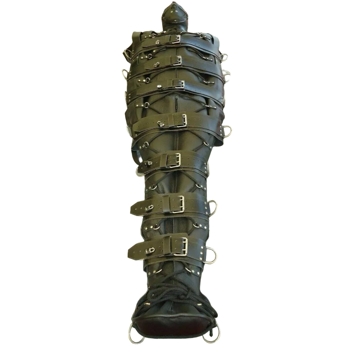 Heavy-duty red genuine cowhide leather bondage sleep sack with removable hood, full-length zipper and reinforced outer strap system