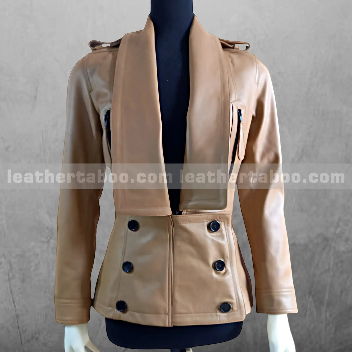 Tan-Leather-Double-Breasted-Jacket-Women-s-Fitted-Blazer-Style-Coat-with-Zipper-Pockets-Shoulder-Epaulettes leather taboo