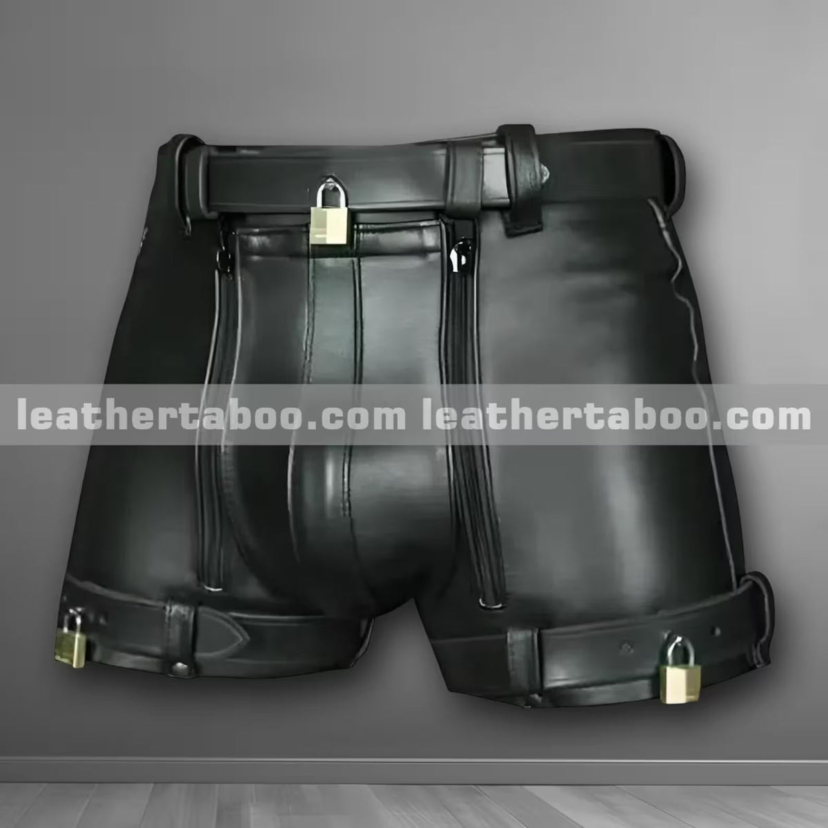 Black Genuine Leather Shorts Men's Modern Style Rear Zipper, Clubwear
