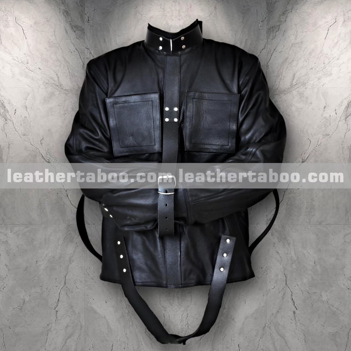 Men’s Black Cowhide Leather Straitjacket Jacket with Heavy Duty Belt Closures - Cosplay Gear