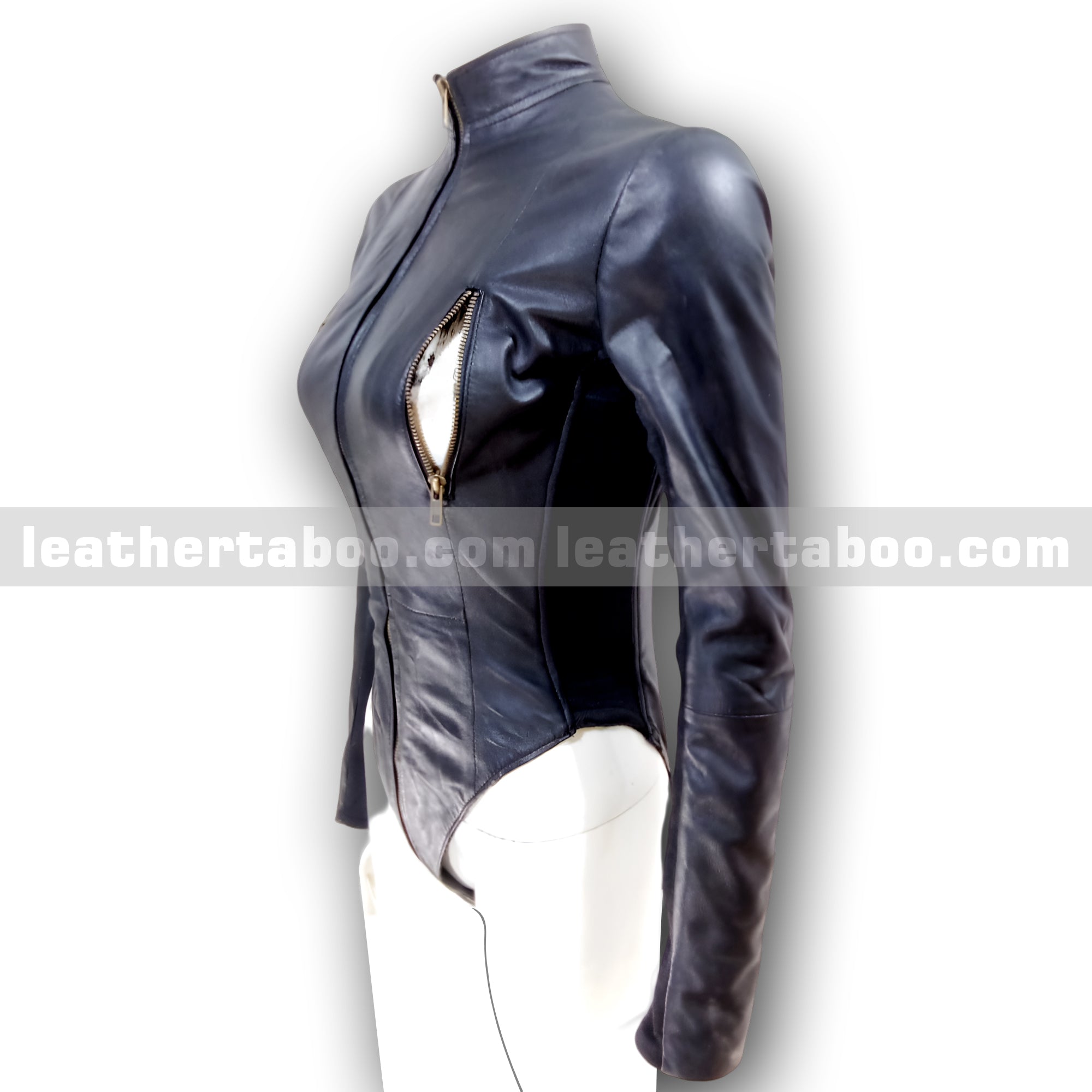 Women's Black Leather Bodysuit Jacket Top – Zipper Front Long Sleeve Fitted Style – Premium Quality Leather Apparel