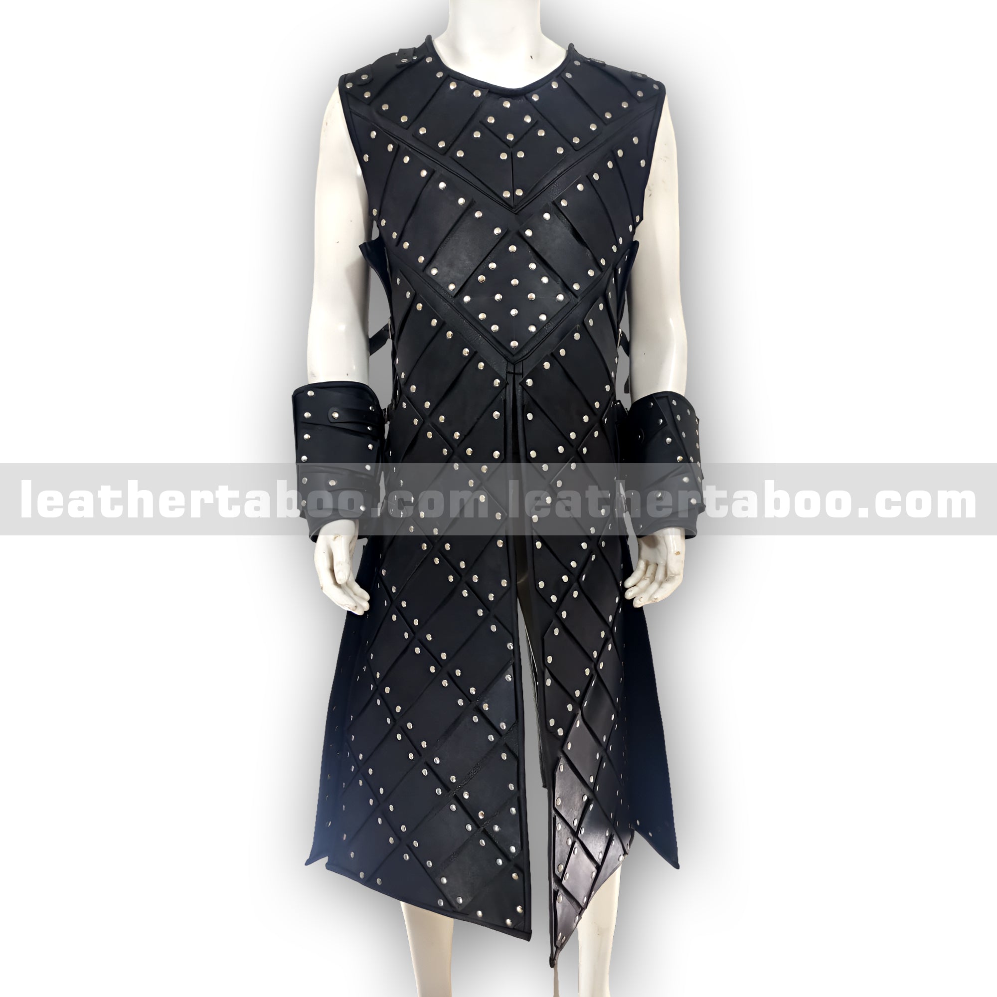 Black Studded Leather Warrior Armor Vest with Arm Bracers – Medieval Style Costume for Men